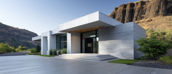 Fototapeta premium Modern minimalist white house with large windows set against rocky hills and clear blue sky, featuring clean lines and a spacious concrete driveway.