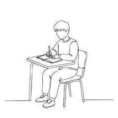 Boy sitting at school desk writing in notebook line art vector illustration 