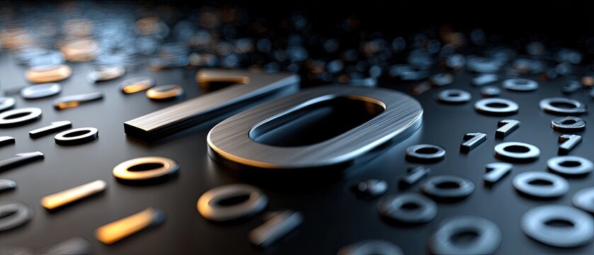 A close-up of metallic numbers scattered on a dark surface, highlighted by soft lighting with a focus on the number 10.