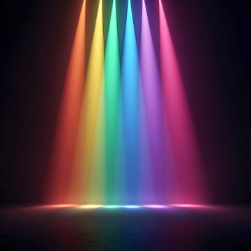 Dramatic rainbow spotlight convergence: five vibrant beams blend to white on dark floor, creating colorful gradient glow effect for stage or event background