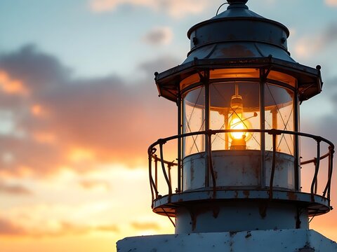 Detailed close-up of lighthouse lantern glowing warmly during sunset with soft golden sky in background. Perfect for editorial use, travel visuals, or coastal landmark promotions - Powered by Adobe