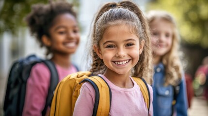 A young girl with braided hair smiling, standing in front of a group of children with backpacks, in a park with green trees and a clear blue sky.