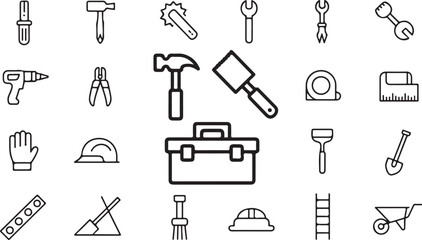 Obraz premium Complete monochrome vector set of tools and equipment for construction and DIY projects