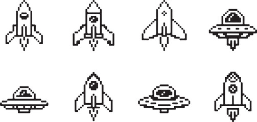 Rockets and UFOs Pixel Collection with Bold Header Text for Retro Games