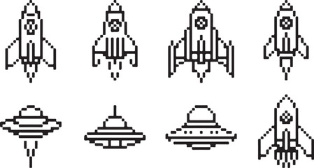 Pixel Icon Collection of Rockets and UFOs for Games and Design Projects