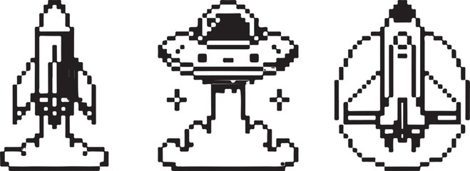 Naklejka premium Retro Pixel Rocket and UFO Launching Illustration with Thrust Effects