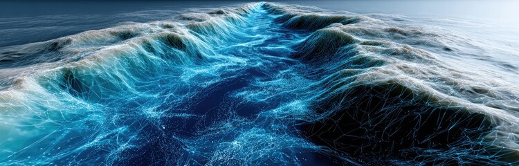 A digital representation of ocean waves with glowing blue lines and nodes, blending natural water elements with futuristic technology.