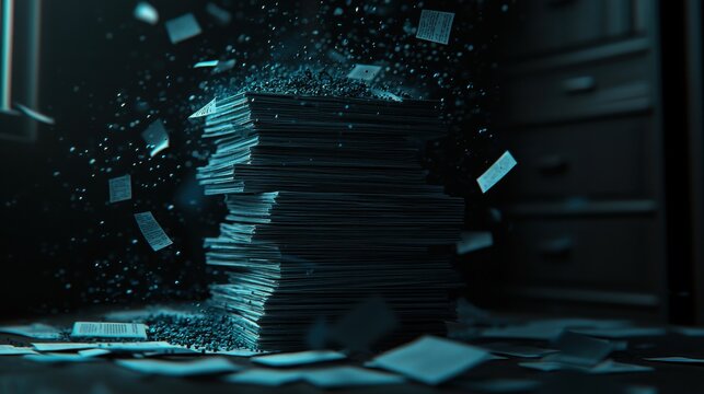 Bioethics in Gene Concept. Abstract Representation of Paper Piles Surrounded by Floating Pages in a Dark Environment