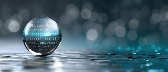 A reflective sphere with binary code floats on a rippled water surface against a blurred bokeh background, symbolizing digital technology and data flow.