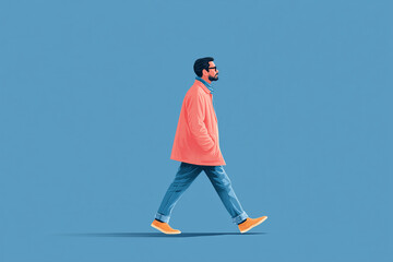 man in full length flat design walks confidently against blue background, wearing stylish orange jacket and casual shoes, embodying modern and trendy vibe