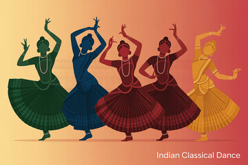 Colorful Illustration of Five Indian Classical Dancers in Traditional Attire Performing a Dance