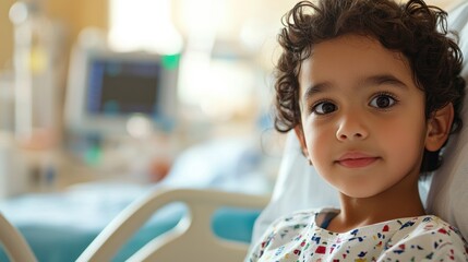 A young child with curly hair sitting in a hospital bed with a medical monitor in the background.