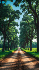 A dirt path through a park with lush green trees during the daytime in summertime. Ai Generative.