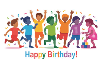 Happy Birthday Celebration Cartoon Children Running and Playing with Building Blocks on Transparent Background
