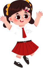 Happy schoolgirl in uniform jumping with excitement.