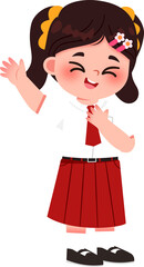 Cartoon schoolgirl waving, red skirt, dark hair with yellow ribbons, cheerful expression.