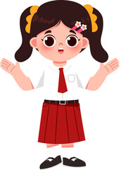 Surprised Schoolgirl with Pigtails, Red Skirt, and Open Palms.