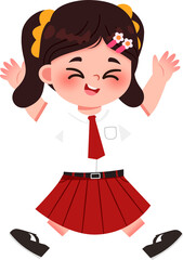 Joyful Schoolgirl Jumping with Excitement, Red Skirt, Brown Hair, Cartoon Style.