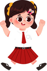 Animated Schoolgirl Leaping with Joy in Uniform, Red Pleated Skirt.