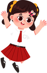 Joyful Schoolgirl Leaping, Red Skirt, Ponytails, Happy Expression, Cartoon Illustration.