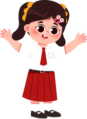 Animated Schoolgirl with Red Skirt, Open Arms, Cheerful Expression