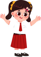 Animated schoolgirl with rosy cheeks, arms outstretched, in uniform with red skirt and tie.