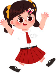 Joyful schoolgirl jumping with excitement. Indonesian Elementary School Student.