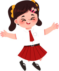 Happy Schoolgirl Jumping, Red Pleated Skirt, Yellow Ribbons, White Flowers. Indonesian Elementary School Student.