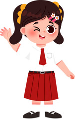 Cartoon girl in school uniform waving, winking playfully, with floral hair clip. Indonesian Elementary School Student.