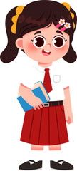 Smiling Schoolgirl: Red Skirt, Ponytails, and a Blue Book. Indonesian Elementary School Student.