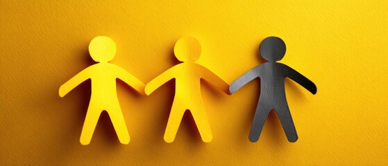 Three paper cutout figures holding hands on a yellow background, with the third figure in black symbolizing diversity and inclusion.
