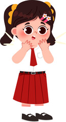 Surprised Schoolgirl: Wide-Eyed Expression, Red Uniform, Cartoon Illustration. Indonesian Elementary School Student.