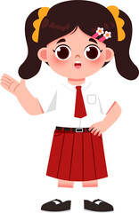 Animated Schoolgirl in Uniform, Pigtails, Open Hand Gesture, Cheerful Expression. Indonesian Elementary School Student.