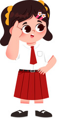 Puzzled Schoolgirl in Uniform, Thinking Pose, Cartoon Style Illustration, Red Skirt, Finger to Head. Indonesian Elementary School Student.