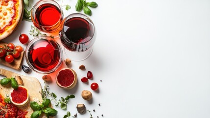 Wine Pairing with Pizza and Fresh Ingredients on a White Background