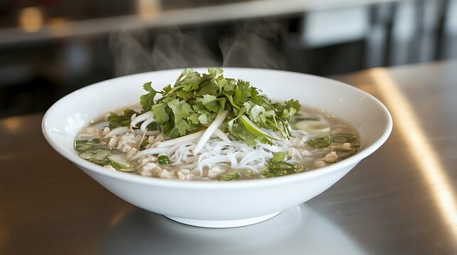 Aromatic bowl of Vietnamese Pho with fresh herbs and steaming broth at the restaurant