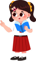 Animated Student: Pigtails, Book, and Pointing Finger. Indonesian Elementary School Student.