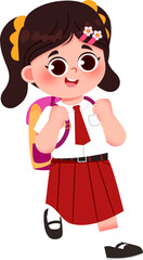 Animated Schoolgirl: Red Skirt, Backpack, and Cheerful Expression. Indonesian Elementary School Student.