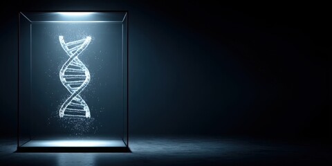 Bioethics in Gene Concept. Futuristic DNA Helix in Glass Display with Dramatic Lighting and Blue Background for Science Visualization