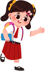 Animated Schoolgirl with Books and Backpack, Red Skirt, Cheerful Greeting, Vector Illustration. Indonesian Elementary School Student.
