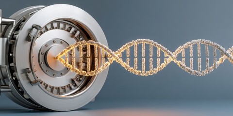 Bioethics in Gene Concept. DNA Helix Emerging from a Secure Vault with Futuristic Machine Technology and Light Effects