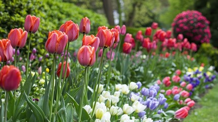 Obraz premium A vibrant flower garden with a variety of colorful tulips and other flowers, set against a lush green background.