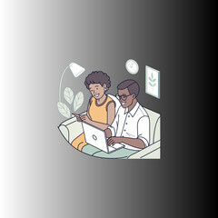 Happy couple collaborating on a laptop at home