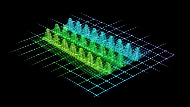 Abstract digital grid 3D wave pattern with glowing neon lines, futuristic technology, and data visualization, featuring colorful blue, green, and yellow wave patterns modern design, representing