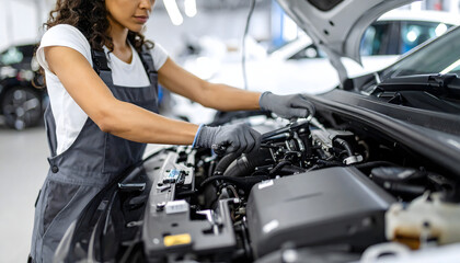 Automotive Technician at Work: A skilled technician, diligently examines the inner workings of a car engine in a clean and well-lit garage, embodying competence and precision.