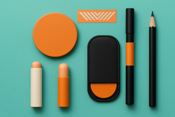 Creative flat lay of orange and black stationery and cosmetic products on turquoise background for modern branding marketing and editorial design, minimalist layout, sharp color contrast