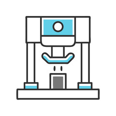 Stylized hydraulic press illustration in black, gray, and teal