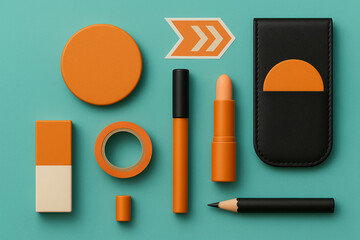 Creative flat lay of orange and black stationery and cosmetic products on turquoise background for modern branding marketing and editorial design, minimalist layout, sharp color contrast