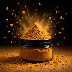 Golden brown spice explosion in glass jar on dark background showcasing culinary flavor texture food concept in high detail and warm lighting for stock photography, unique design Pro.