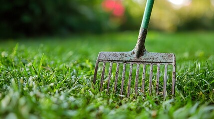 A green and red garden rake with a green handle and metal teeth, lying on a lush green lawn with a blurred background of trees and foliage.